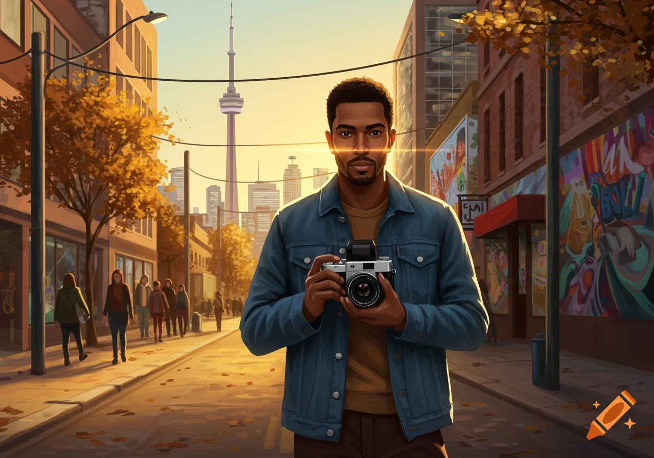 A man holding a camera on a sunny Toronto street, with the CN Tower in the background, rendered in an artistic illustration style.