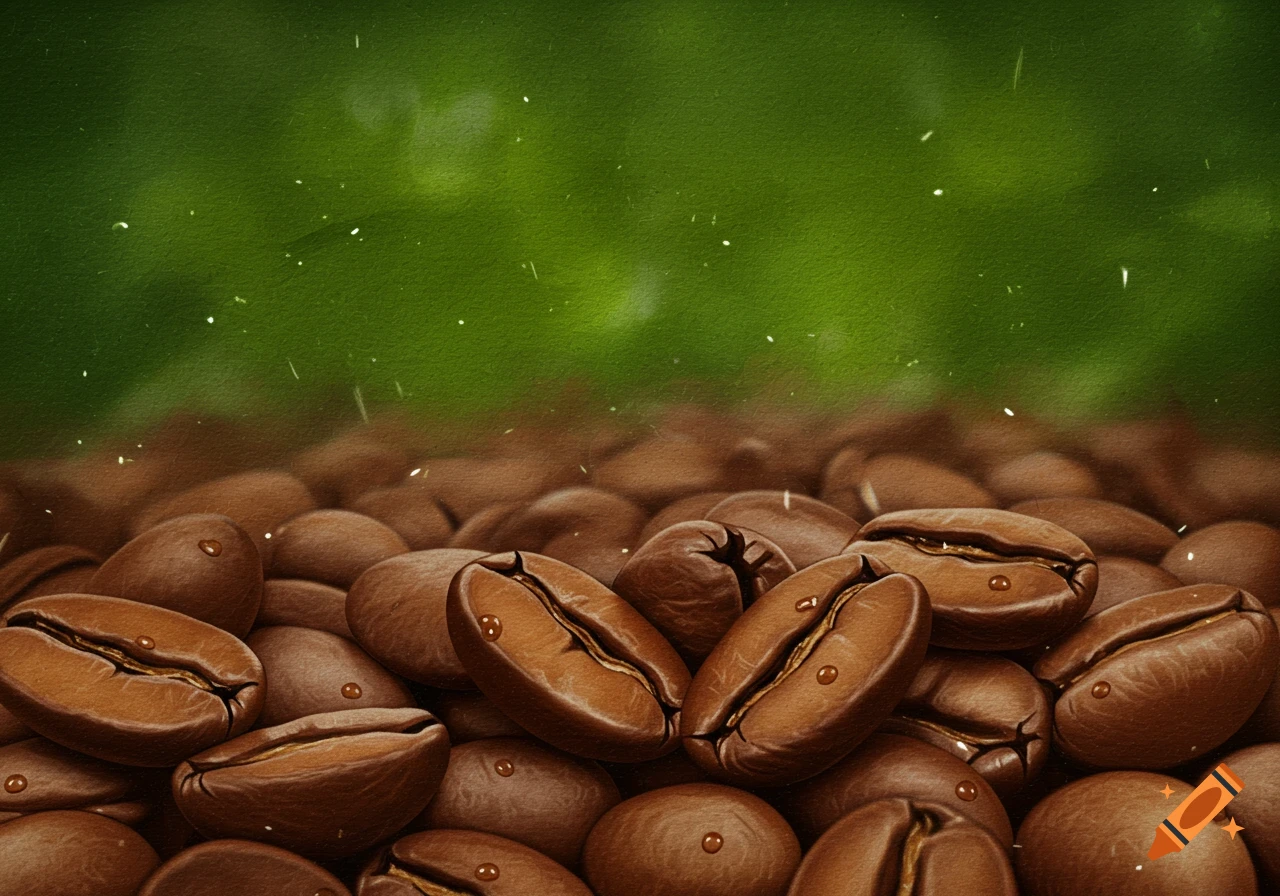 Close-up of numerous brown coffee beans with water droplets against a textured green background.