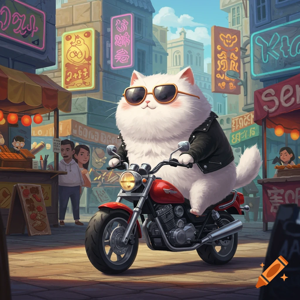 A fluffy white cat wearing sunglasses and a leather jacket rides a red motorcycle down a vibrant, cartoon-style city street with market stalls and neon signs.