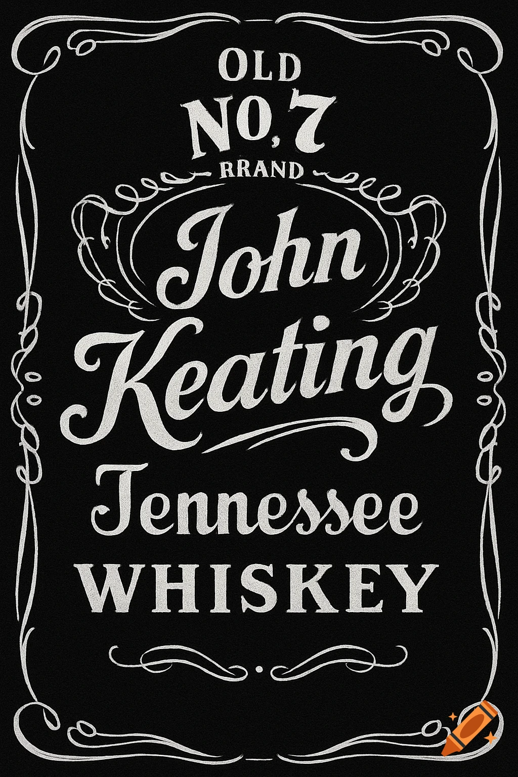 Black label with ornate white text, similar to a Jack Daniel's bottle, featuring 'OLD NO. 7 RRAND John Keating Tennessee WHISKEY'.