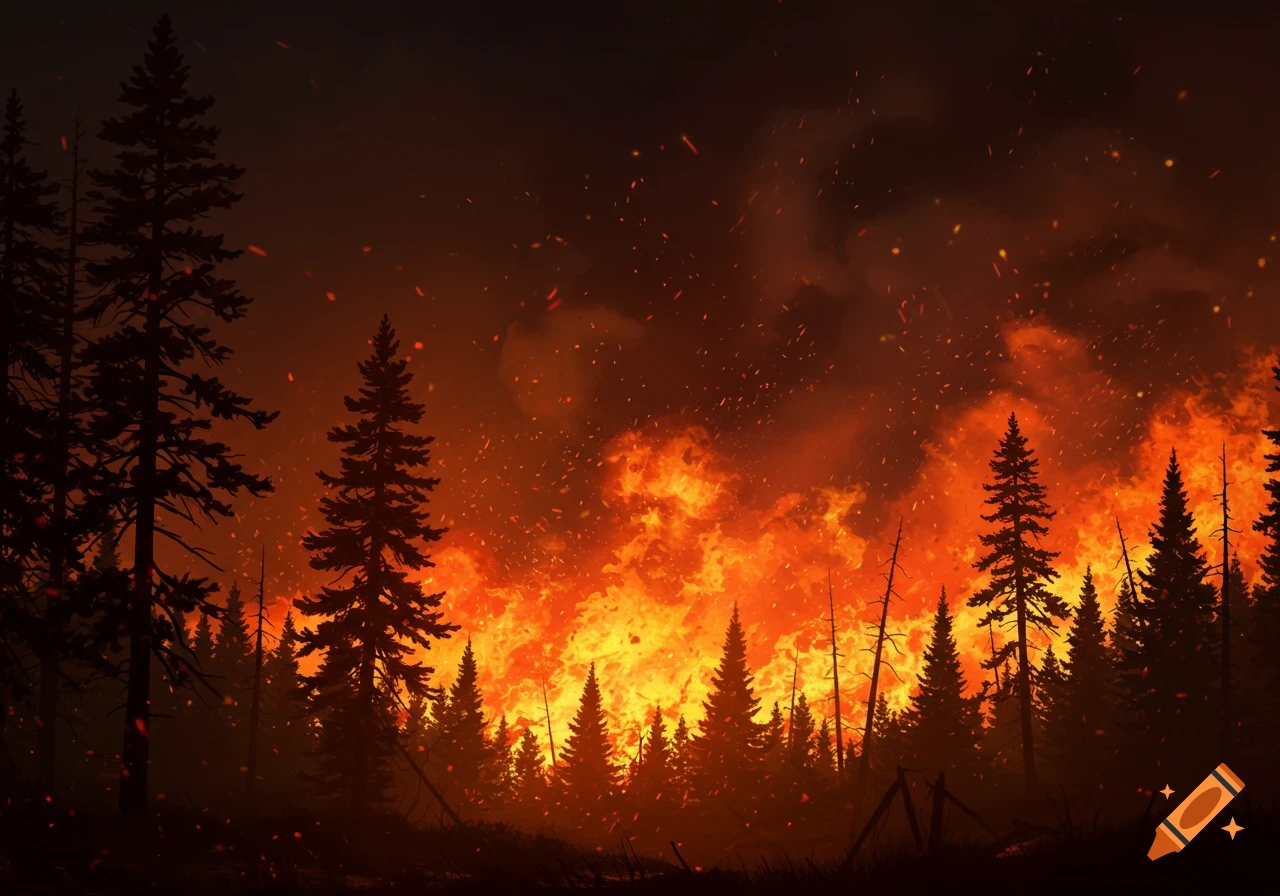 A vibrant digital painting depicts a forest engulfed in a large wildfire, with dark trees silhouetted against intense orange and red flames and smoke.