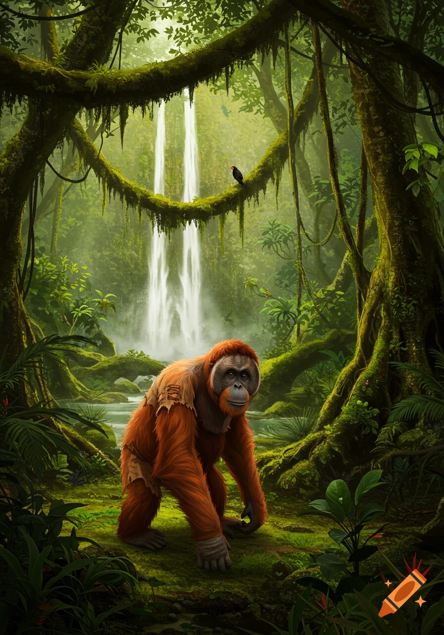 A large orangutan wearing torn clothes stands in a vibrant, lush jungle with a majestic waterfall in the background, photorealistic style.