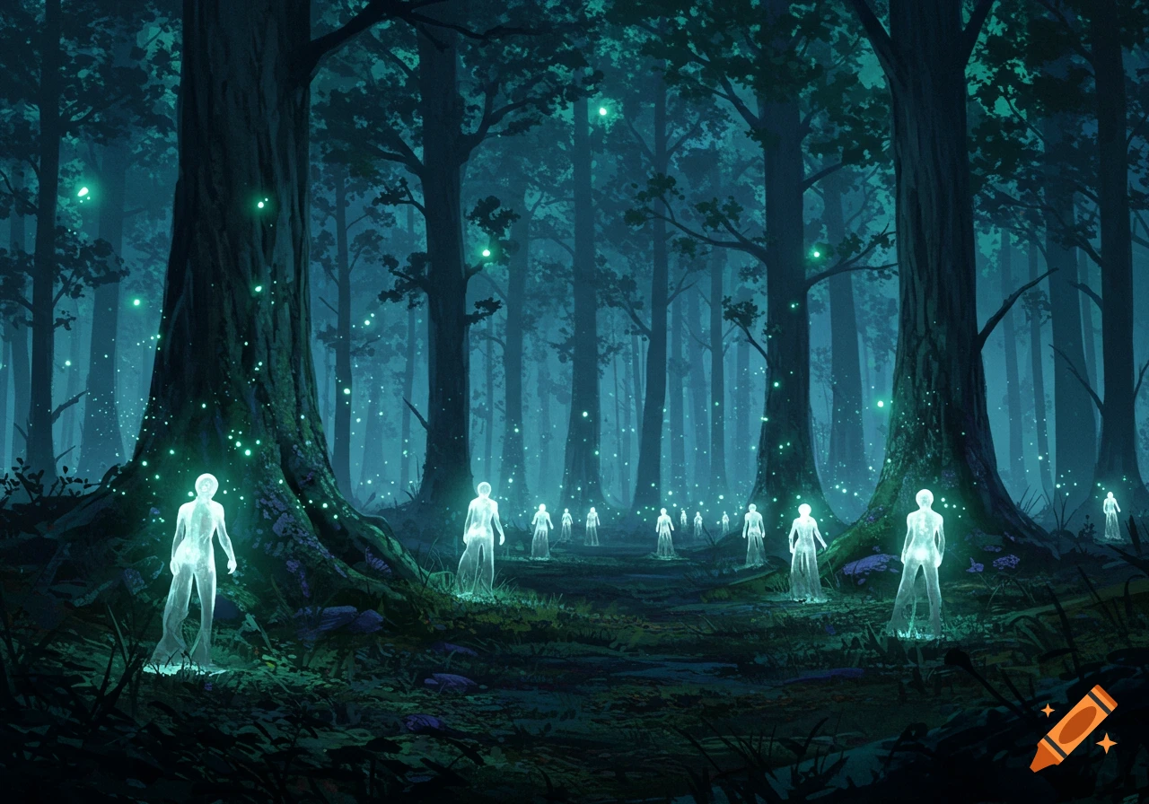 Ethereal glowing figures illuminate a dark, mystical forest path in a fantasy digital painting.