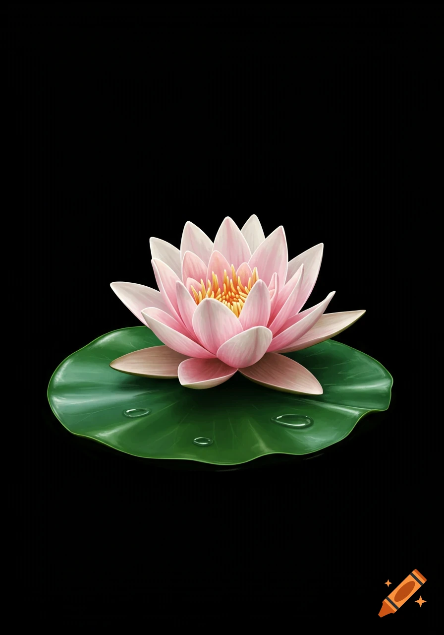 A vibrant pink lotus flower rests on a green lily pad with water droplets, set against a plain black background.