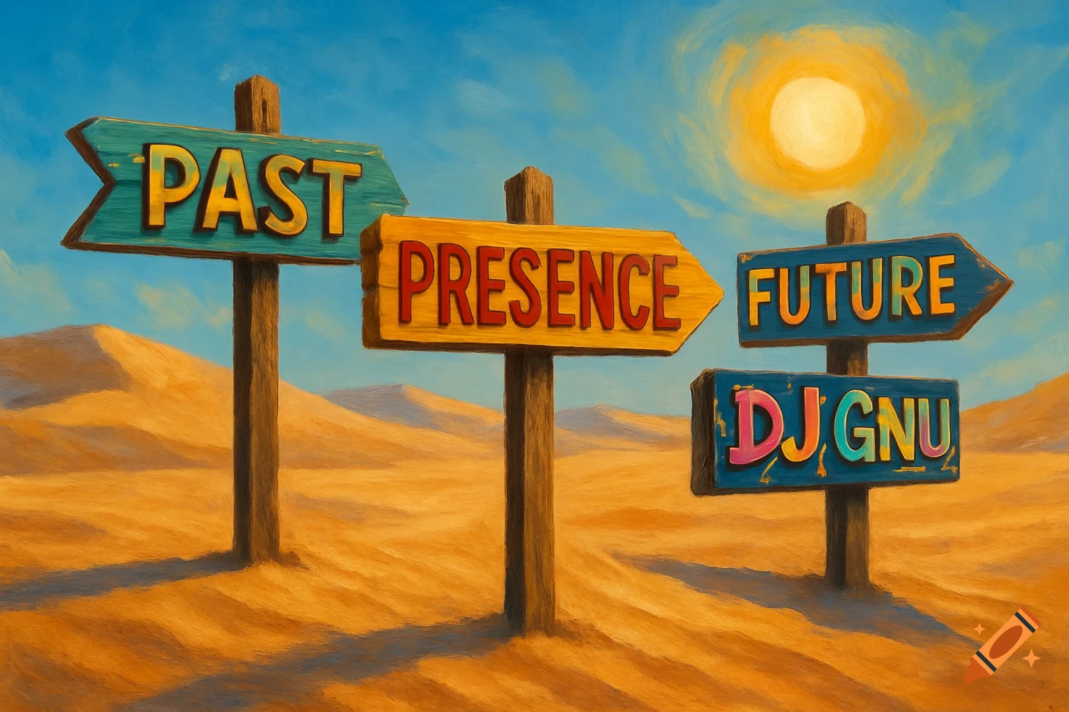 Painterly desert landscape with three wooden road signs, reading 'Past', 'Presence', 'Future', and 'DJ GNU', pointing in different directions.
