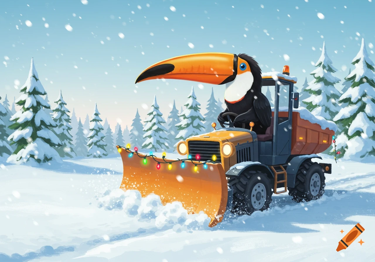 Cartoon toucan in a winter forest, driving a yellow snowplow decorated with colorful Christmas lights, clearing snow.