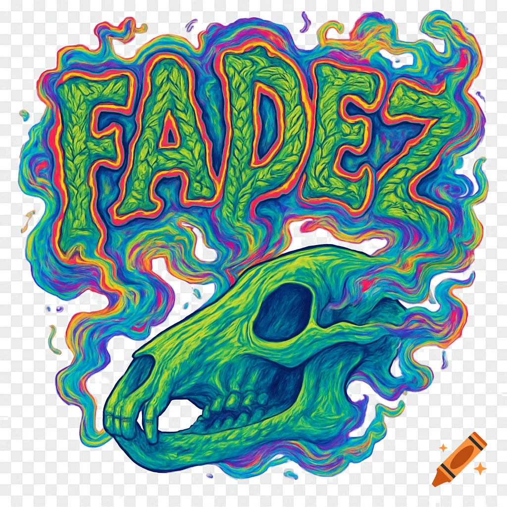 Vibrant, stylized 'FADEZ' text with leafy patterns, surrounded by colorful psychedelic smoke, above a green primal kangaroo skull.