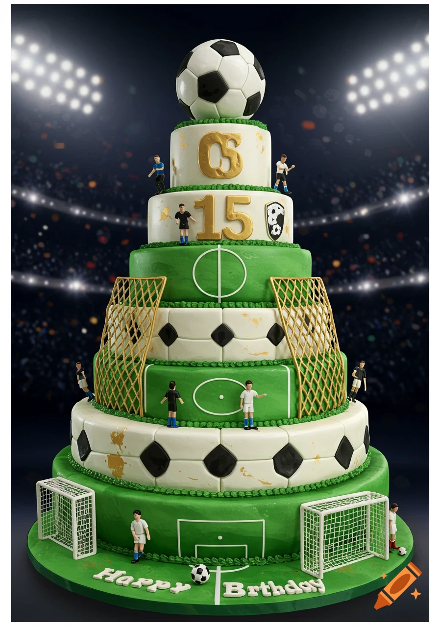 A multi-tiered soccer-themed birthday cake with miniature players, goalposts, and a large soccer ball on top, against a stadium background.