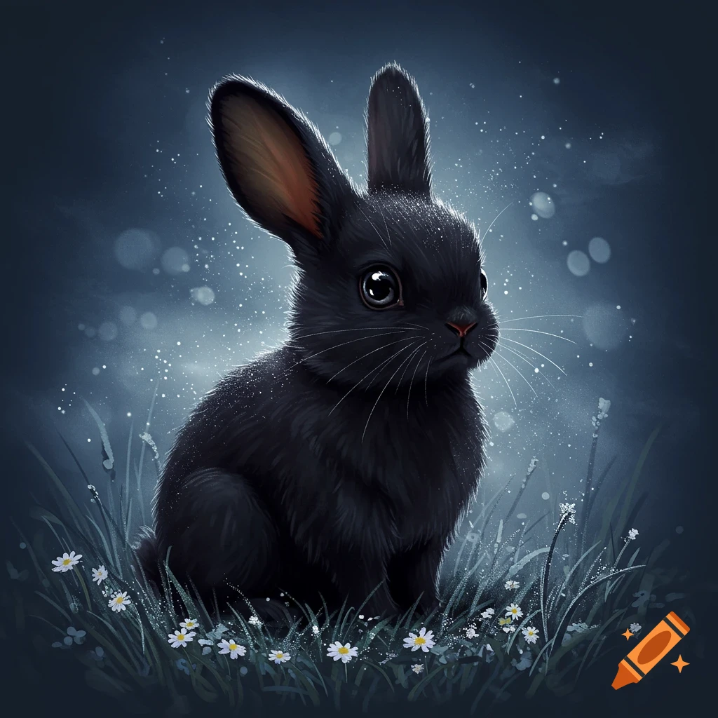 A cute, fluffy black bunny with big eyes sits among white flowers in dark grass under a sparkling blue night sky. Whimsical style.
