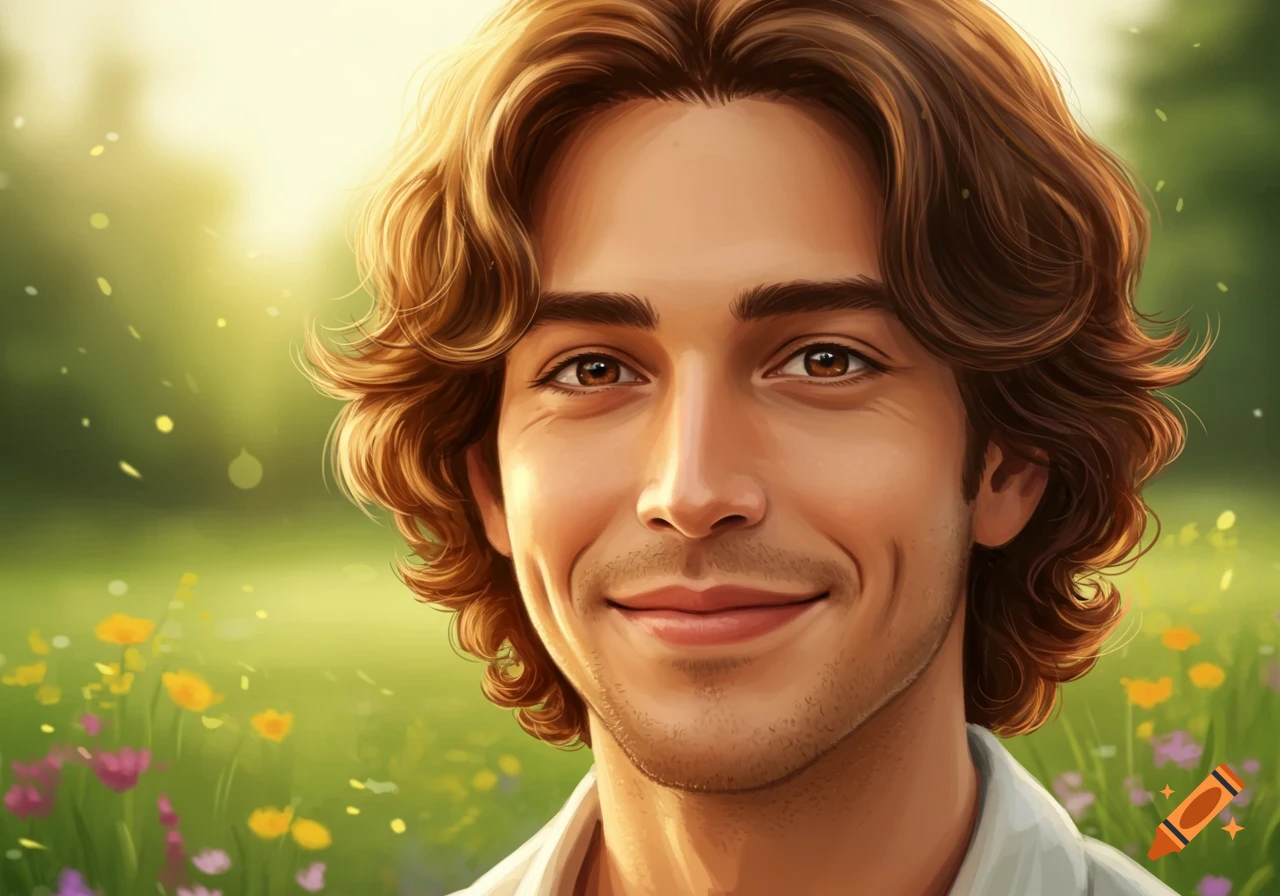 Digital painting of a smiling man with brown wavy hair and brown eyes in a sunny field of colorful flowers.