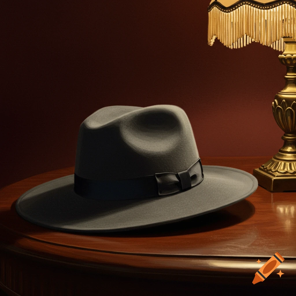 Dark gray fedora hat on a glossy wooden table next to a vintage brass lamp with a fringed shade against a red wall.