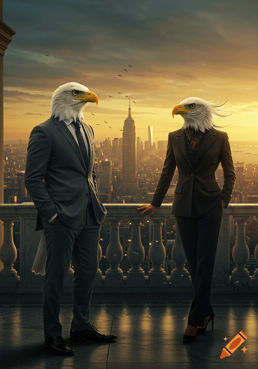Two anthropomorphic bald eagles in business suits on a balcony overlooking a city skyline at sunset, photorealistic style.