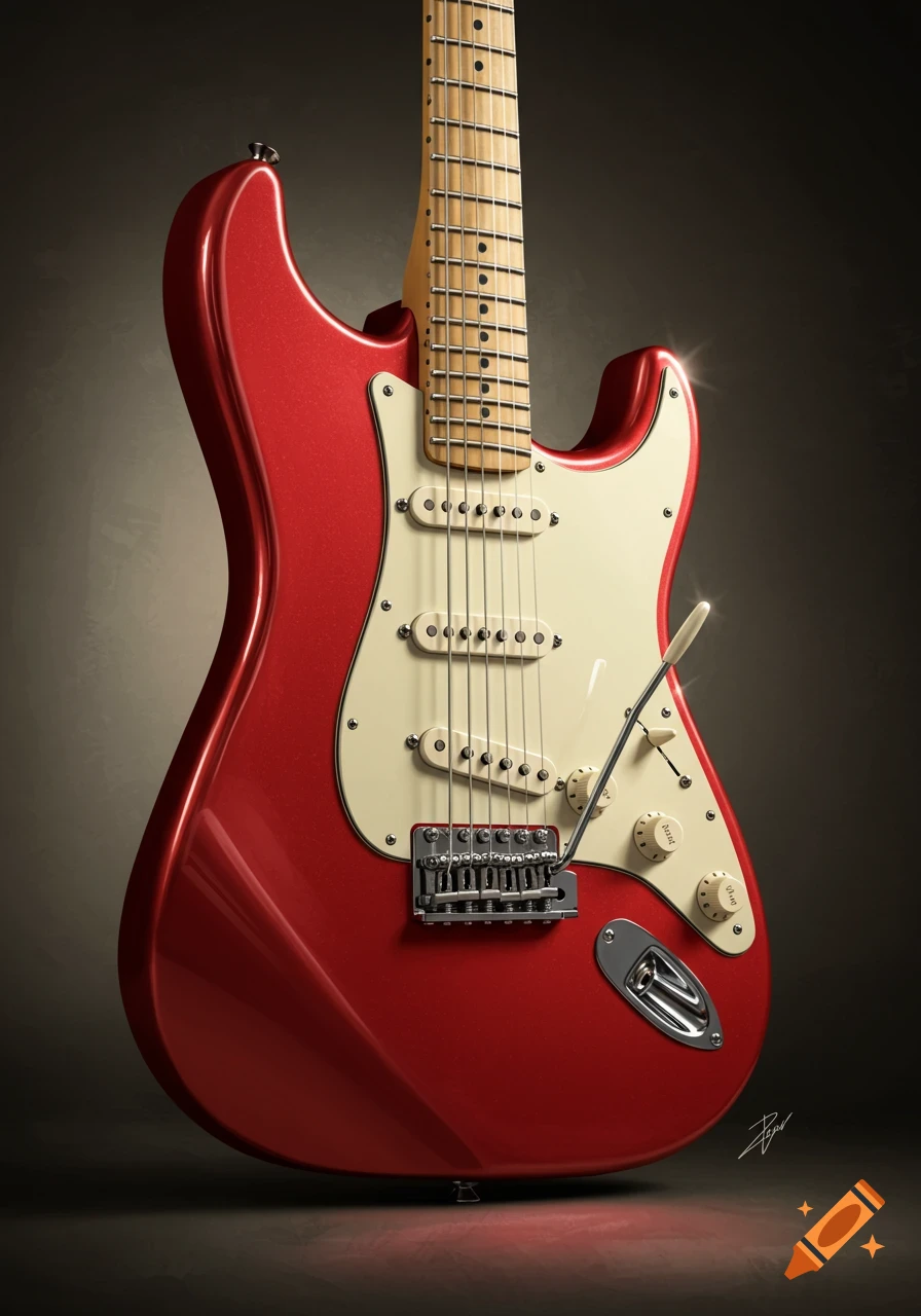 A glossy red electric guitar with a white pickguard and maple neck stands against a dark background, photorealistic style.
