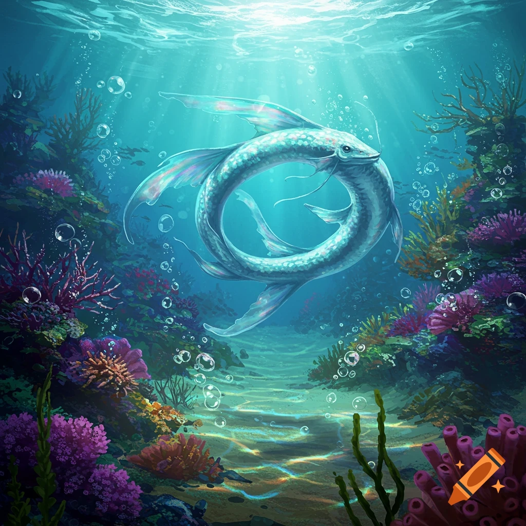 A vibrant, illustrative underwater scene with a stylized pale blue fish curled, surrounded by colorful coral and bubbles.