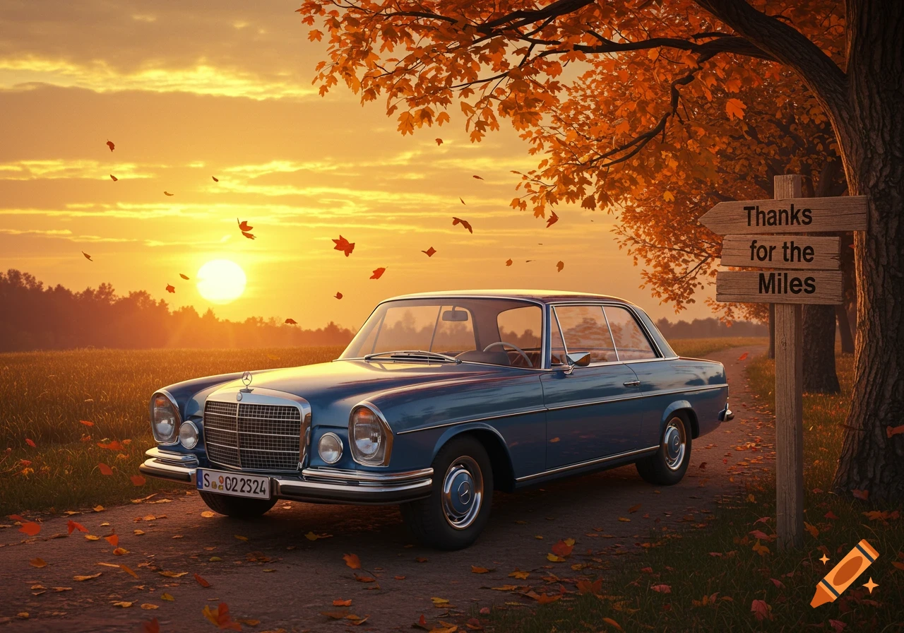 A blue vintage Mercedes-Benz car is parked on a dirt road in an autumn field under a sunset sky. Fallen leaves litter the ground, and a wooden sign reads "Thanks for the Miles".