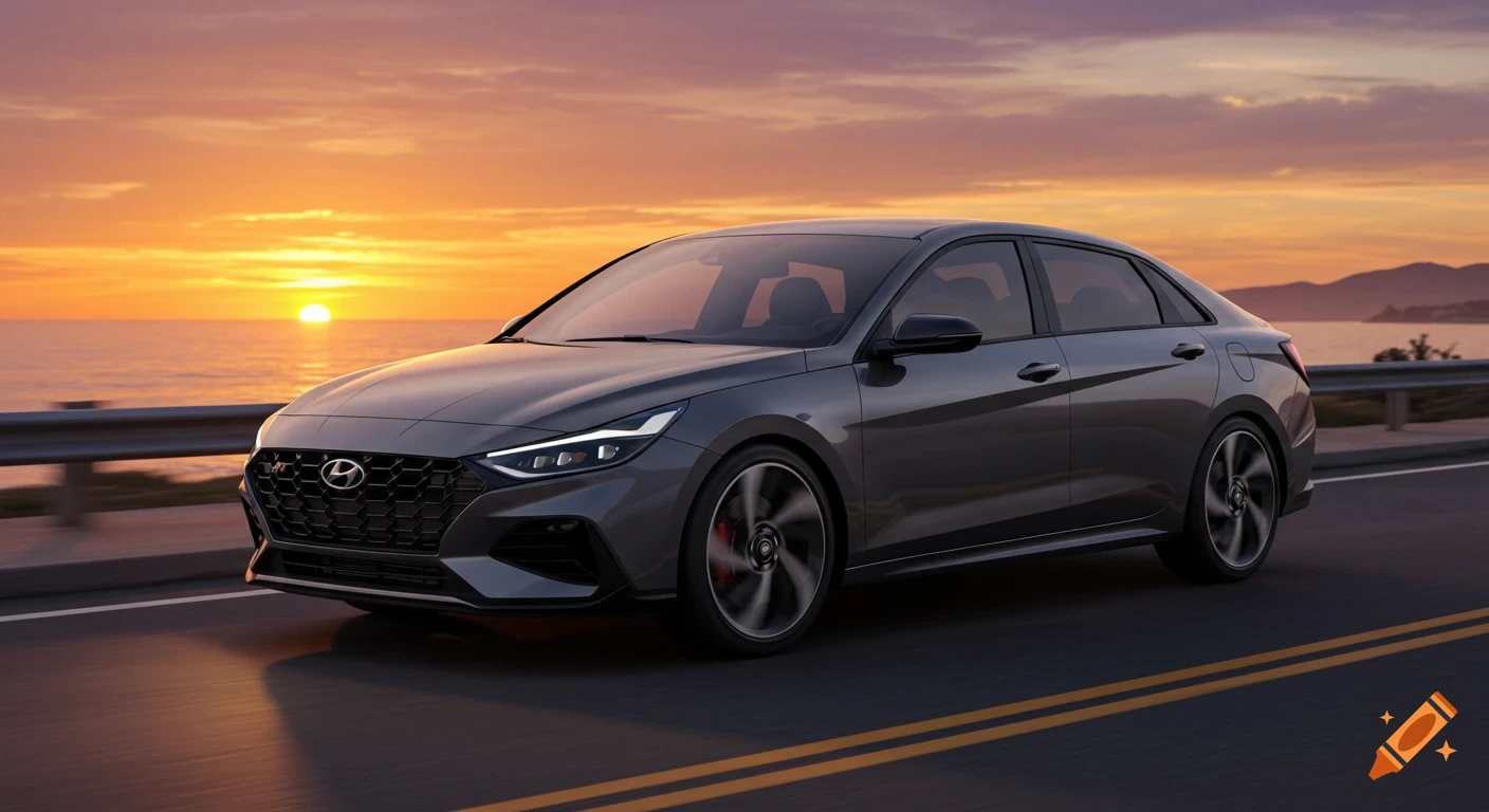 A gray Hyundai Elantra N sedan drives along a coastal road at sunset, with an orange sky reflected on the water.