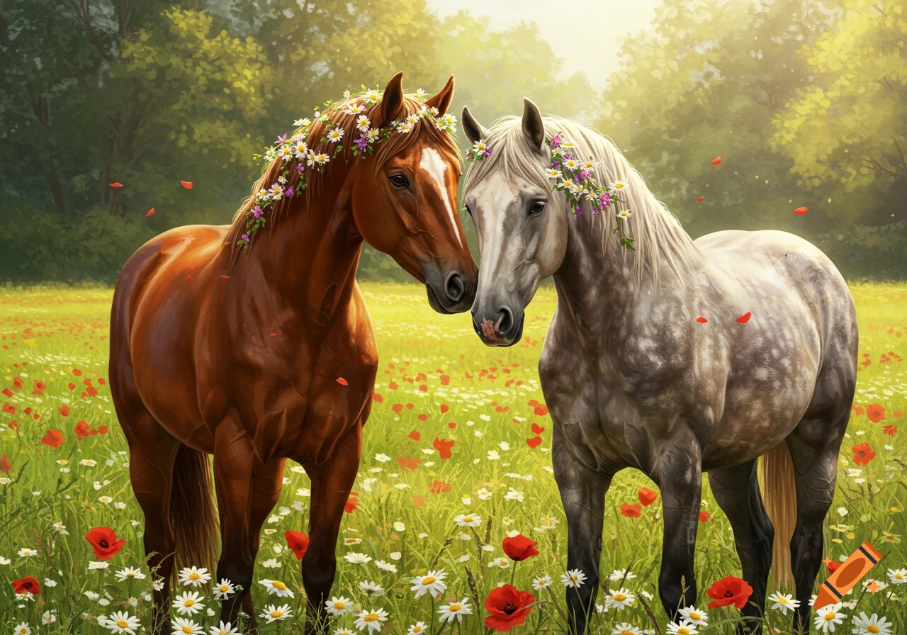Two horses adorned with flower garlands stand in a vibrant field of poppies and daisies under a sunny sky.
