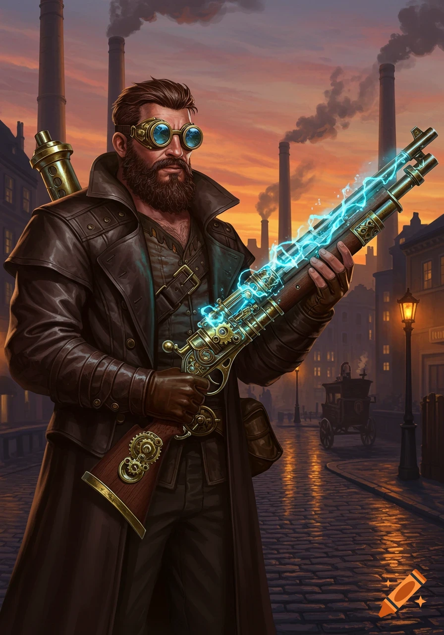A bearded steampunk man in a brown coat and goggles holds a glowing electric rifle on a cobblestone street at sunset, with industrial smokestacks in the background.