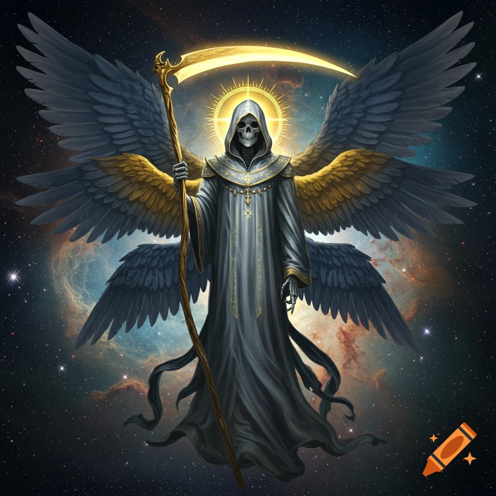 A skeletal Grim Reaper in a hooded robe, with large dark and golden wings, holds a golden scythe against a cosmic background.