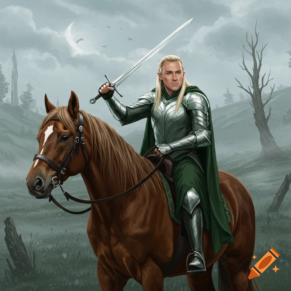 An elf-like warrior with long blonde hair, armored and caped, riding a brown horse and holding a sword aloft in a misty fantasy landscape.