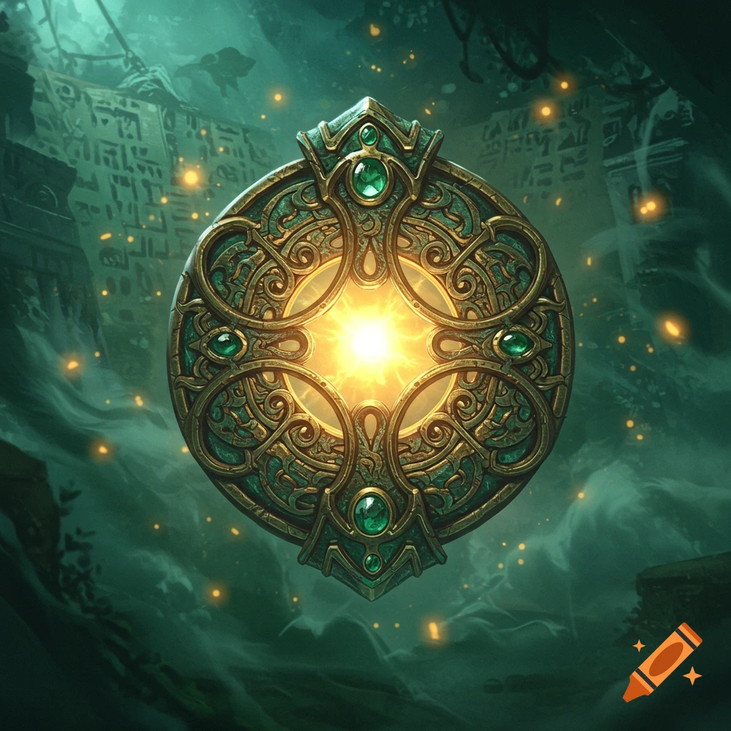 An intricately designed ancient medallion with a glowing center, surrounded by emeralds and gold, in a dark, mysterious fantasy setting.