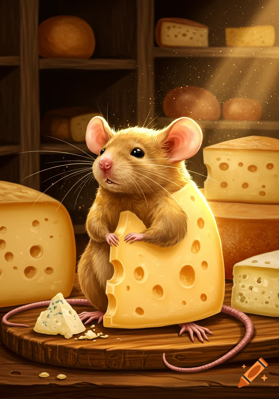 A cute mouse peeking out from behind a large wedge of Swiss cheese on a wooden board, surrounded by more cheese.