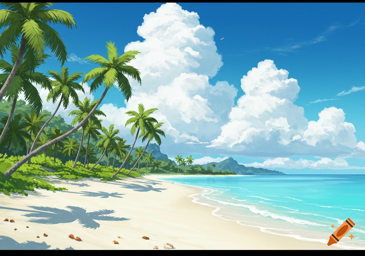 Anime-style tropical beach illustration with palm trees, white sand, and turquoise ocean under a blue sky.
