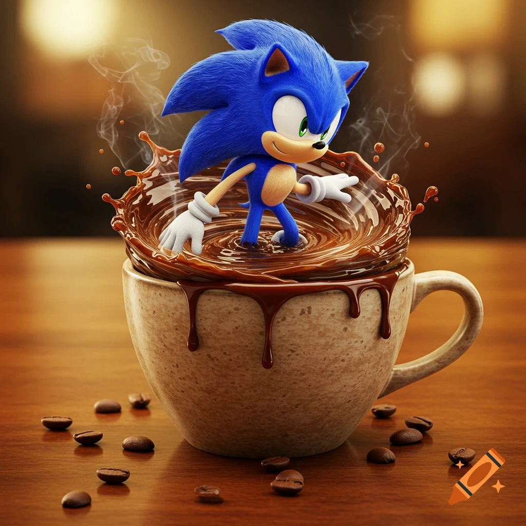 Photorealistic 3D render of Sonic the Hedgehog standing in splashing chocolate in a coffee cup, surrounded by coffee beans on a wooden table.