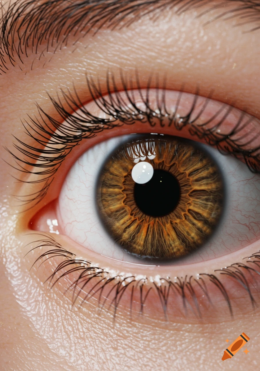 A detailed close-up shot of a human eye with a brown iris, dark eyelashes, and visible skin texture.