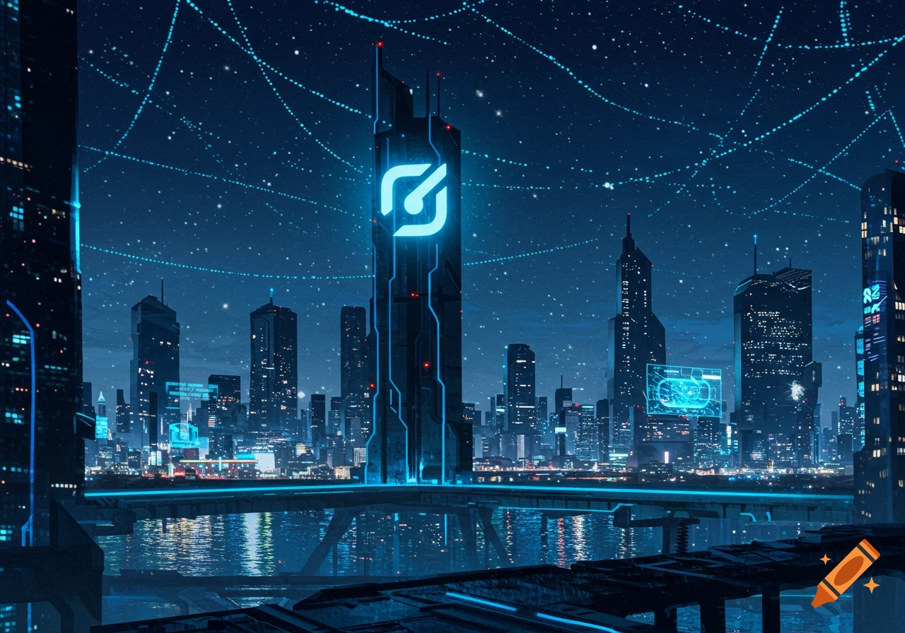 Futuristic city skyline at night with neon blue lights, towering skyscrapers, and a river reflecting the glowing city.