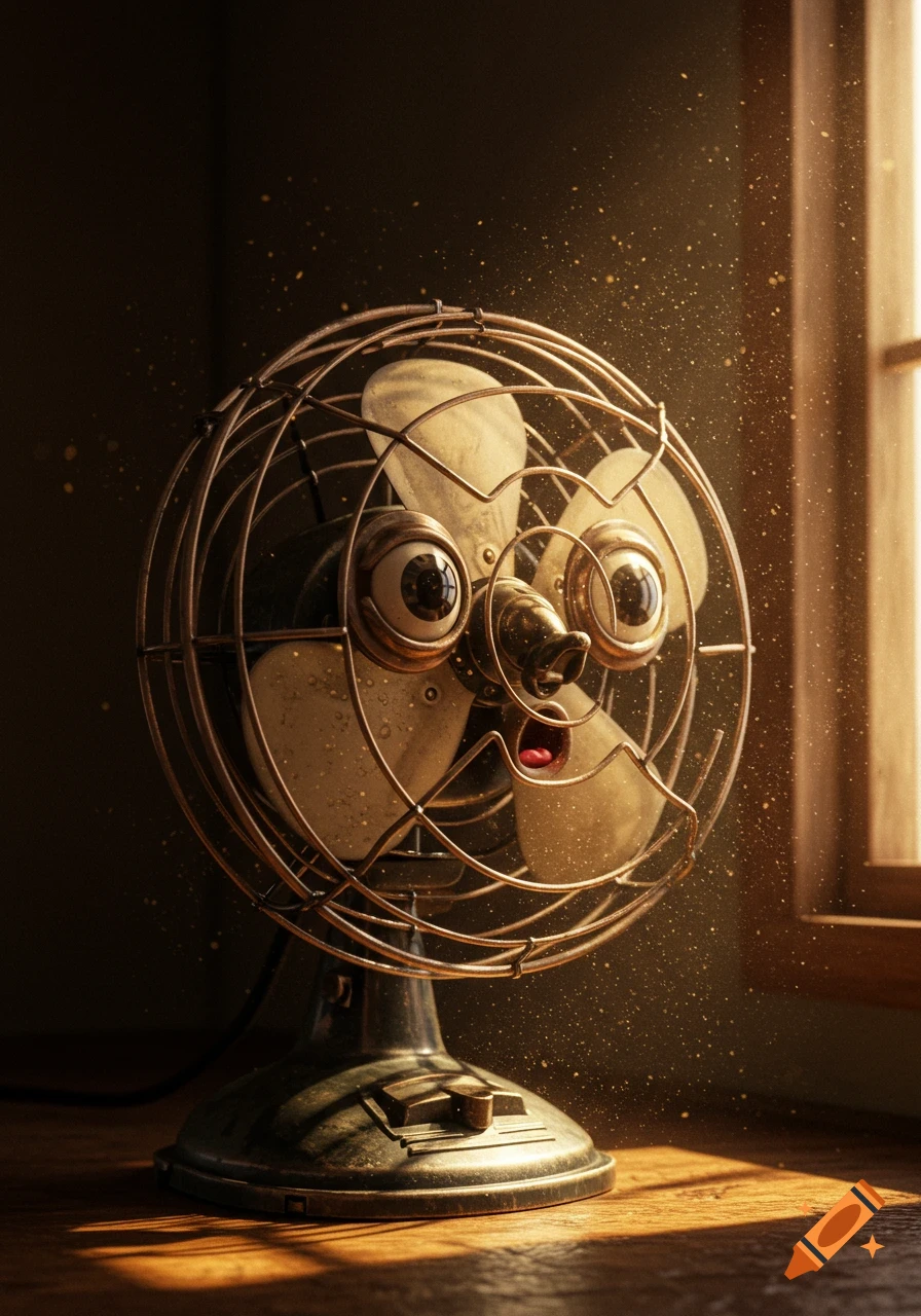 A vintage anthropomorphic desk fan with googly eyes and a small mouth, glowing in golden sunlight, with visible dust motes.