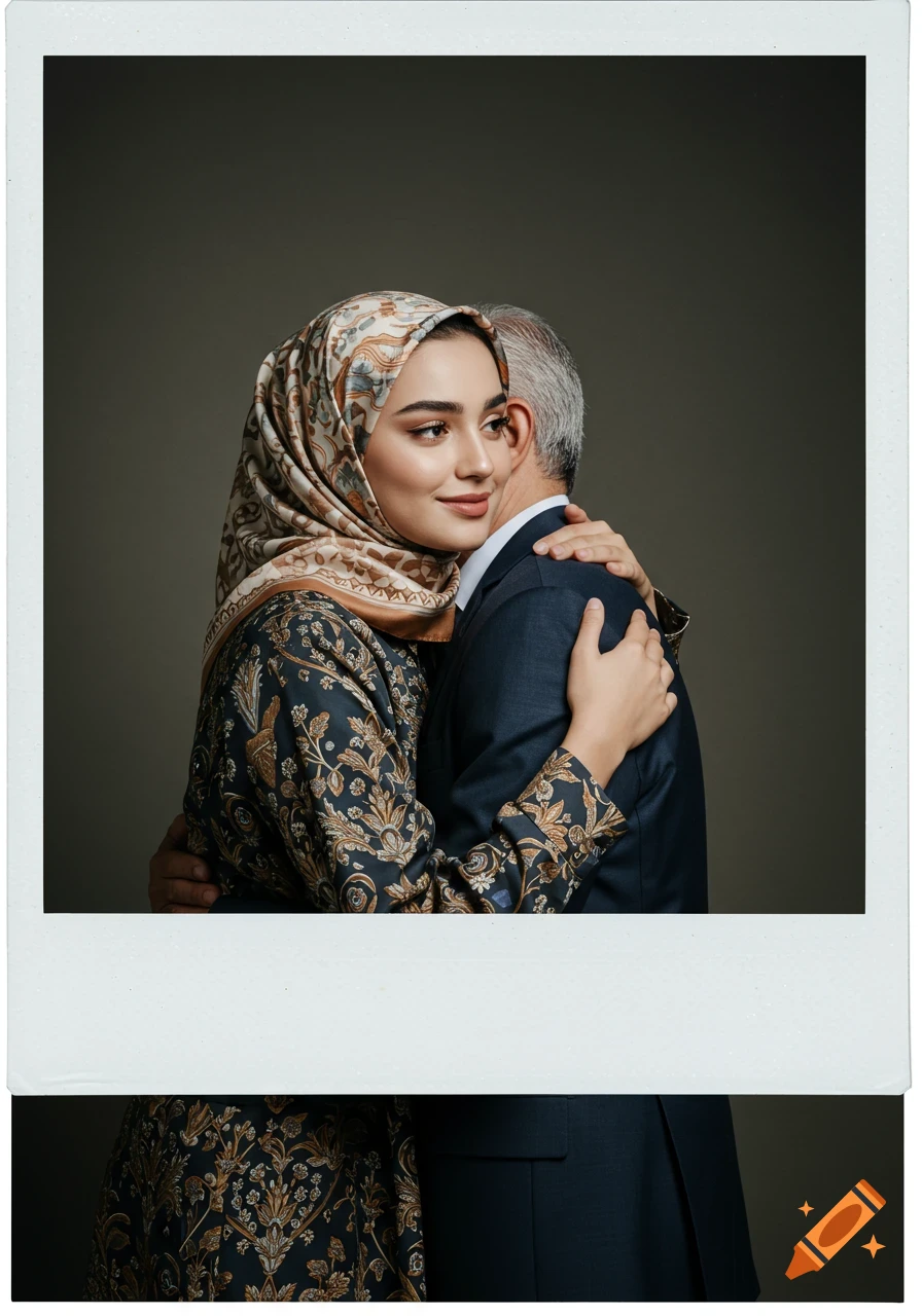 Photorealistic portrait of a young woman in a hijab with a patterned dress hugging an older man in a suit, set in a polaroid frame.