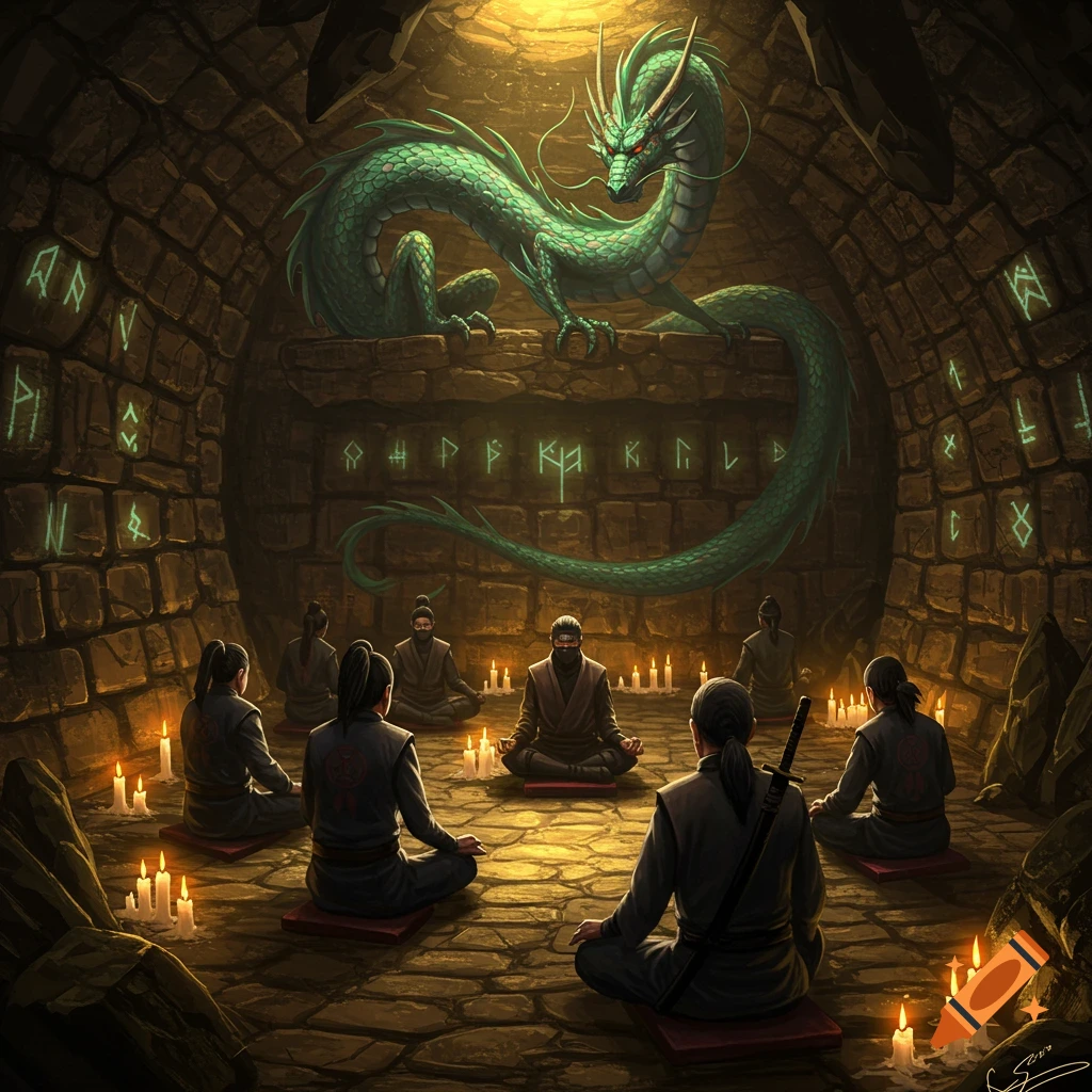 A group of people in dark robes meditate in a candlelit stone chamber, overseen by a large green dragon perched on a ledge, surrounded by glowing runes on the walls.