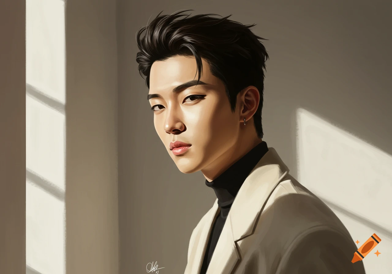 Digital painting of a handsome Korean man with dark hair, wearing a black turtleneck and light coat, looking over his shoulder with window light.