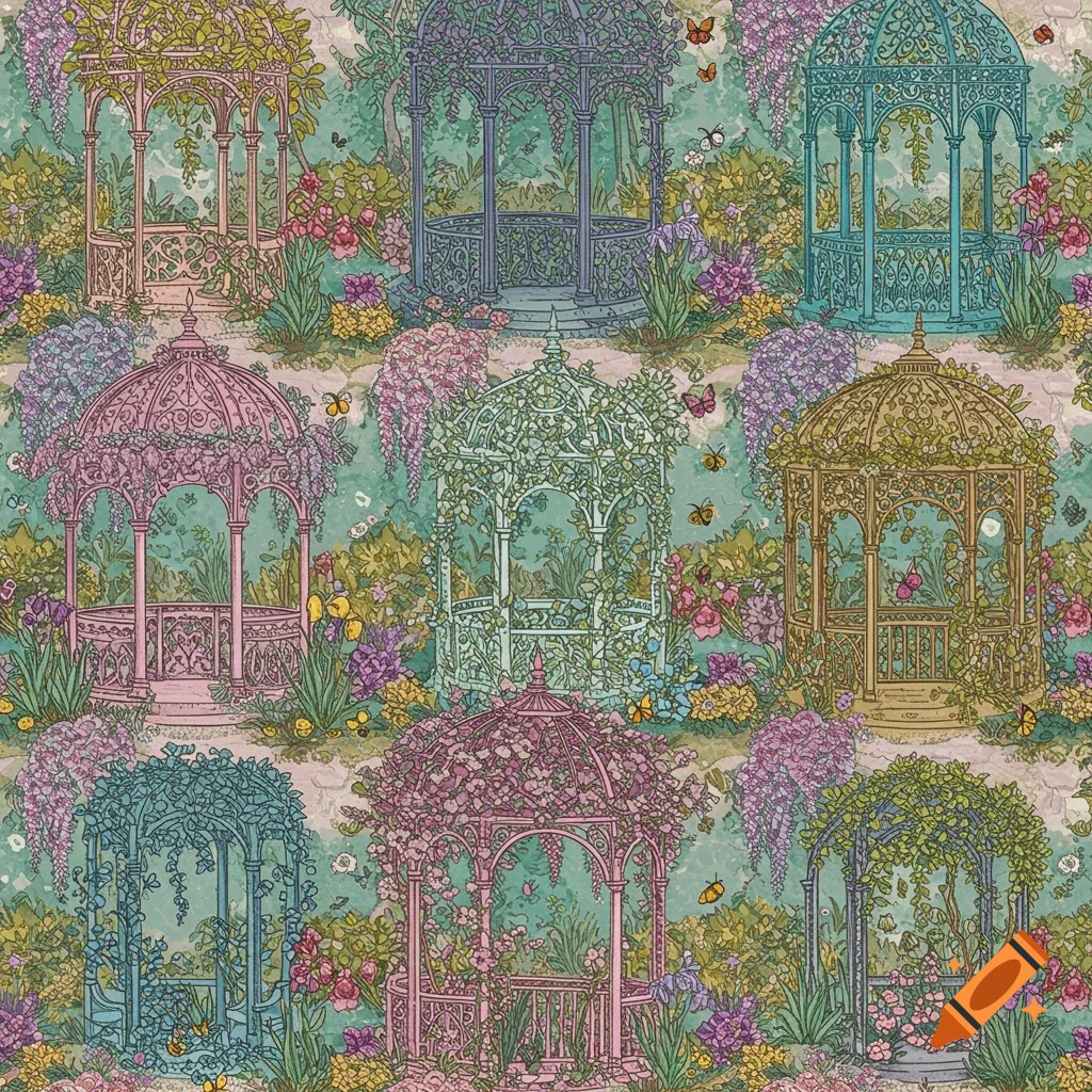 Colorful illustrated seamless pattern of ornate garden gazebos covered in vines and flowers with butterflies.