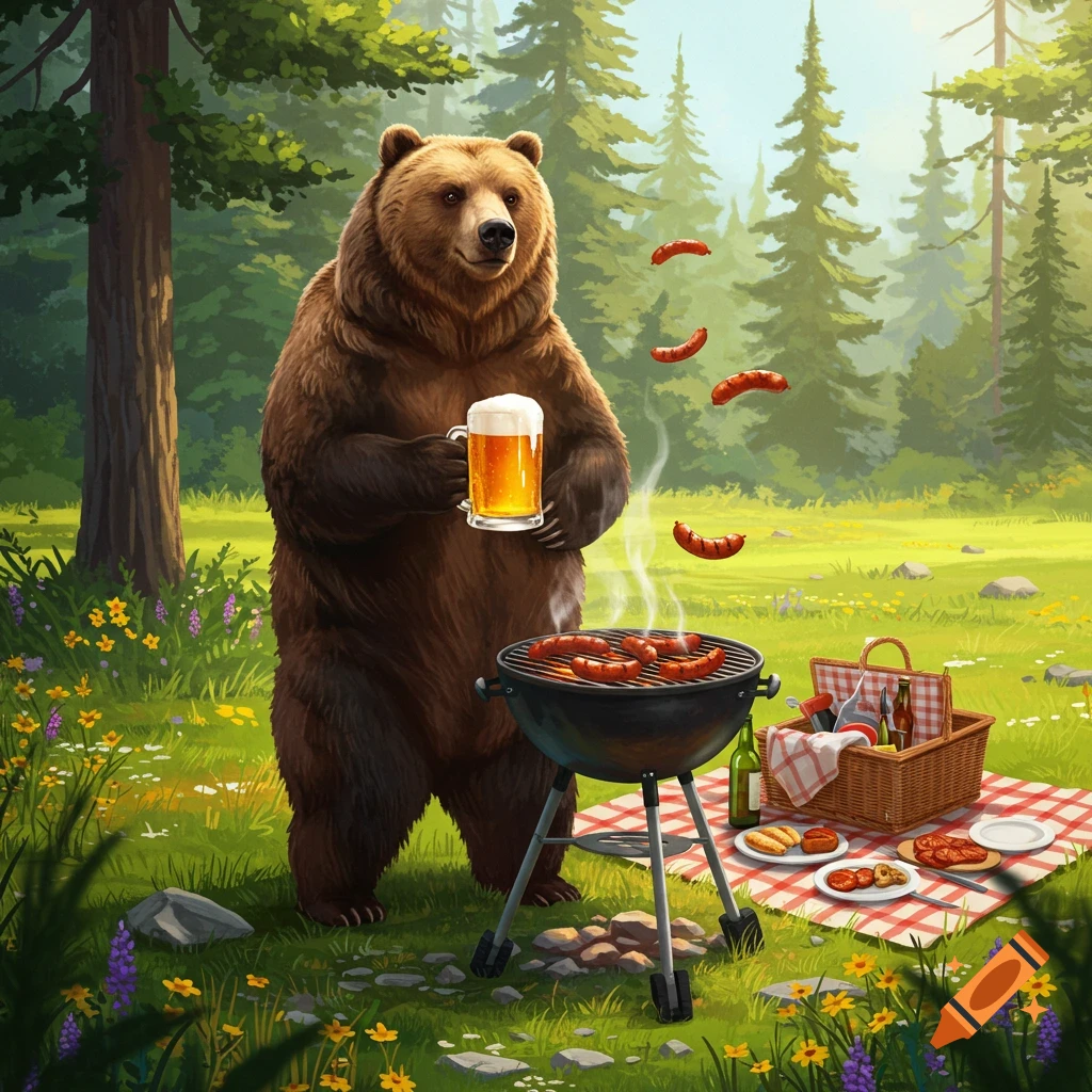 An illustrative brown bear holds a beer, barbecuing sausages in a forest clearing with a picnic setup.