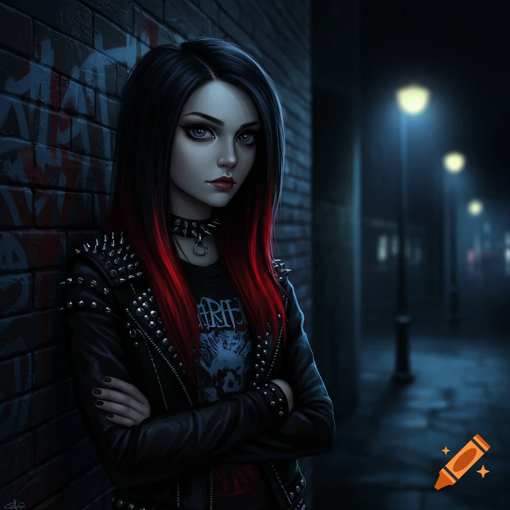 An emo girl with black hair and red highlights, wearing a spiked choker and leather jacket, stands in a dark alley at night.