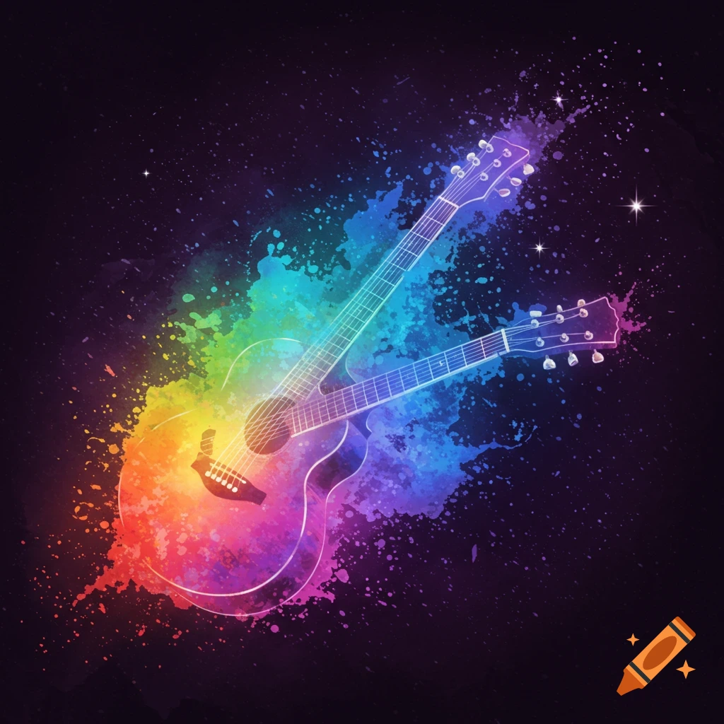 Two acoustic guitars emerge from a vibrant rainbow watercolor splash against a dark, starry cosmic background.