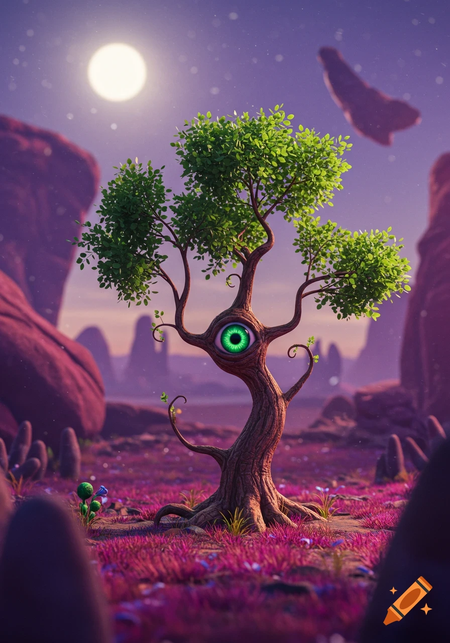 A whimsical tree with a large green eye in its trunk stands in a purple alien landscape under a bright moon.