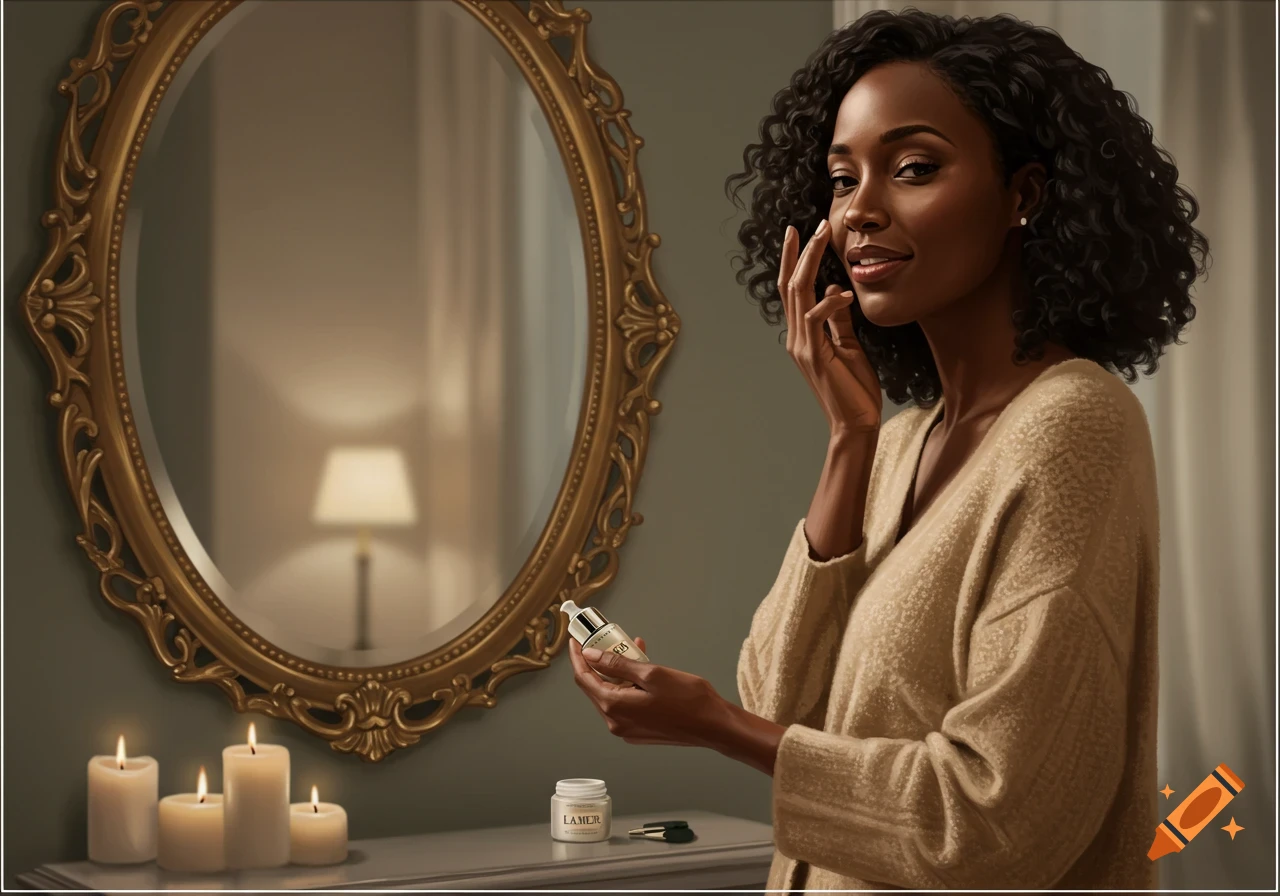 A radiant Black woman with curly hair applies face cream near a mirror, with candles and skincare products on a table.