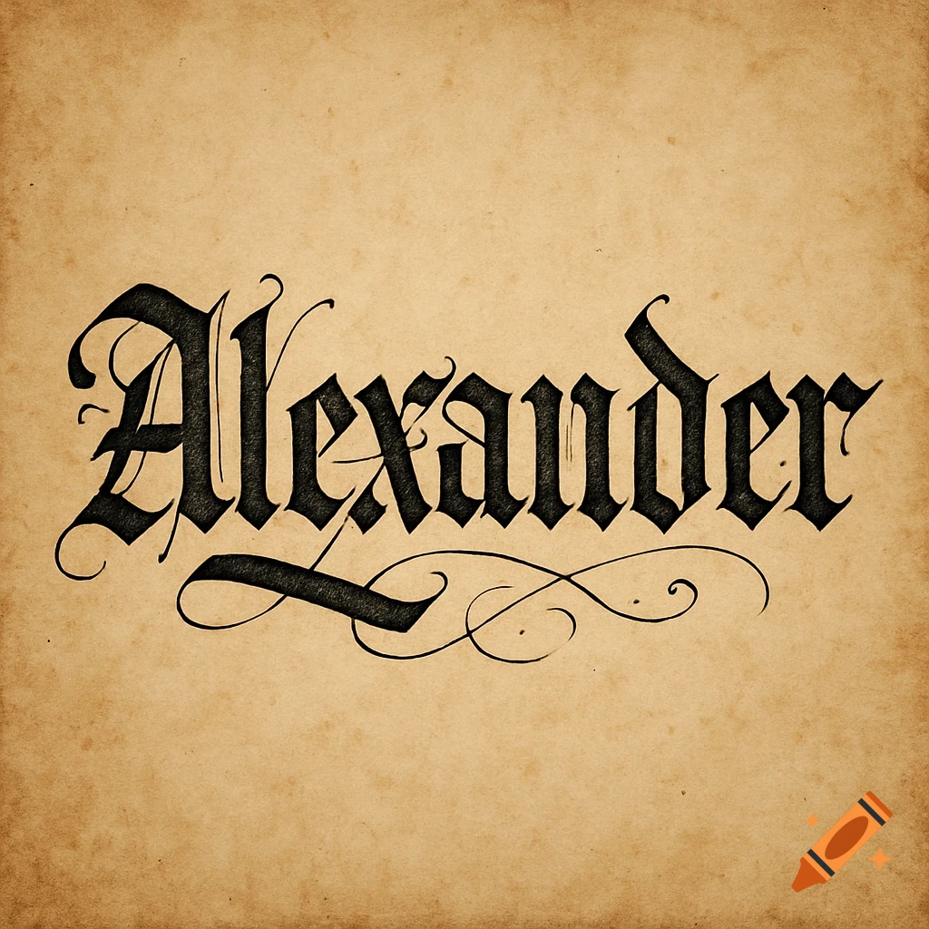 The name "Alexander" written in black Fraktur script with decorative flourishes on a textured beige parchment background.