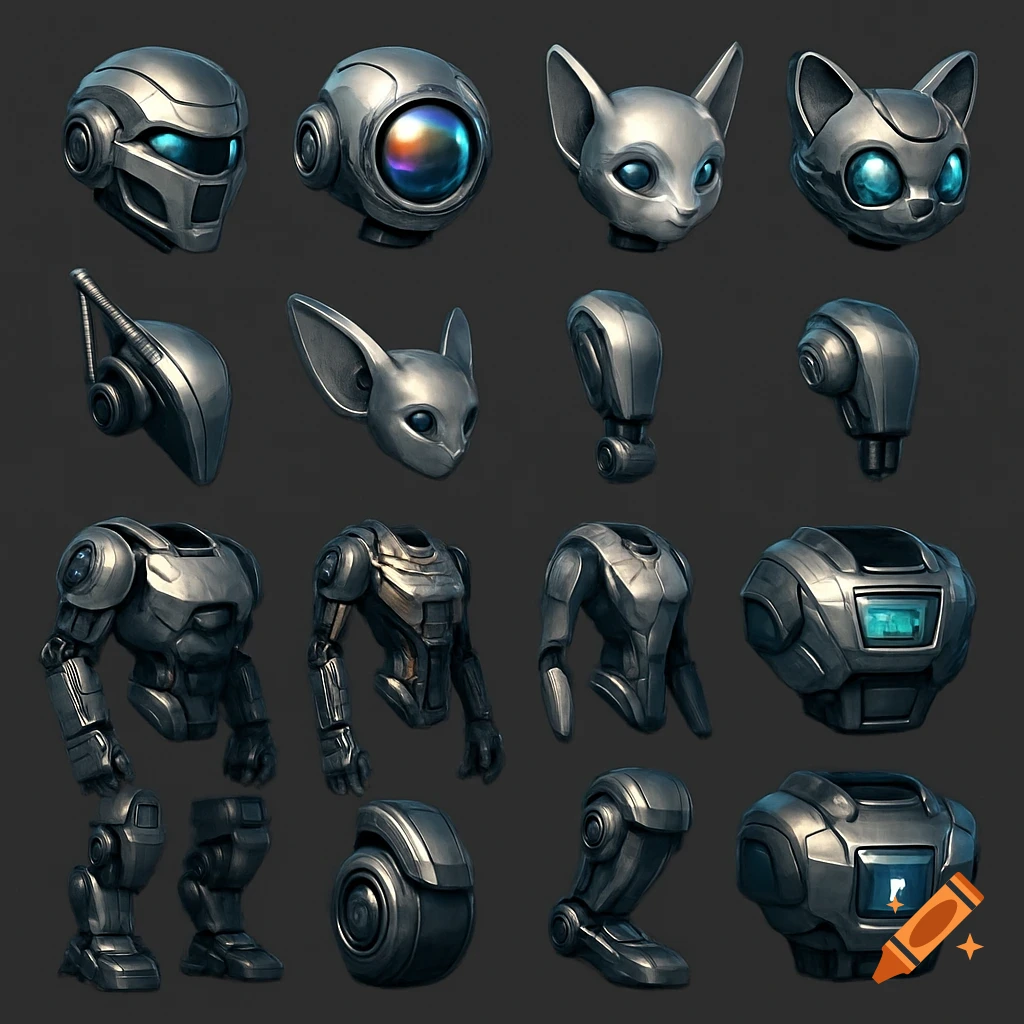 A grid of metallic robot parts including human-like and cat-like heads, torsos, arms, and legs, against a dark background.