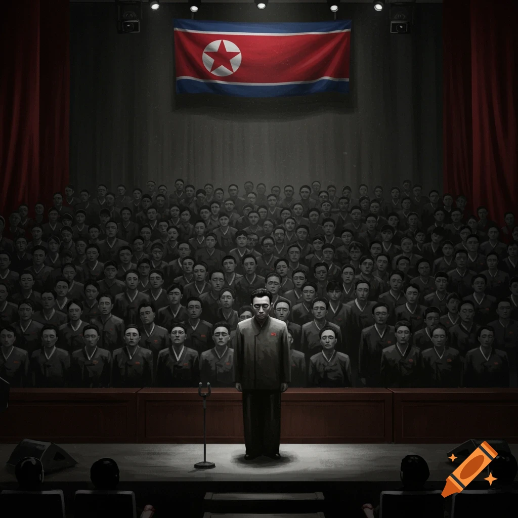 A solemn man stands on a stage with a microphone in front of a large, somber audience, beneath a North Korean flag.
