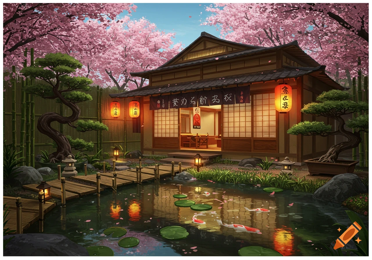 A serene Japanese house with a tiled roof and lanterns, surrounded by a blossoming cherry tree and a koi pond with a wooden bridge.