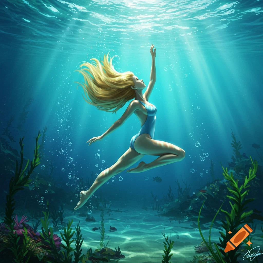 Blonde woman in a light blue one-piece swimsuit gracefully swims upwards in a clear, sunlit underwater scene.