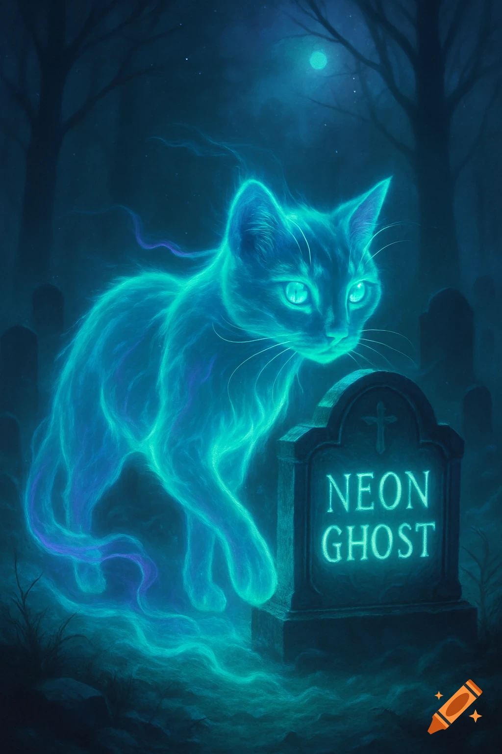 A glowing blue-green ghost cat stands next to a gravestone that reads 'NEON GHOST' in a dark, moonlit graveyard.