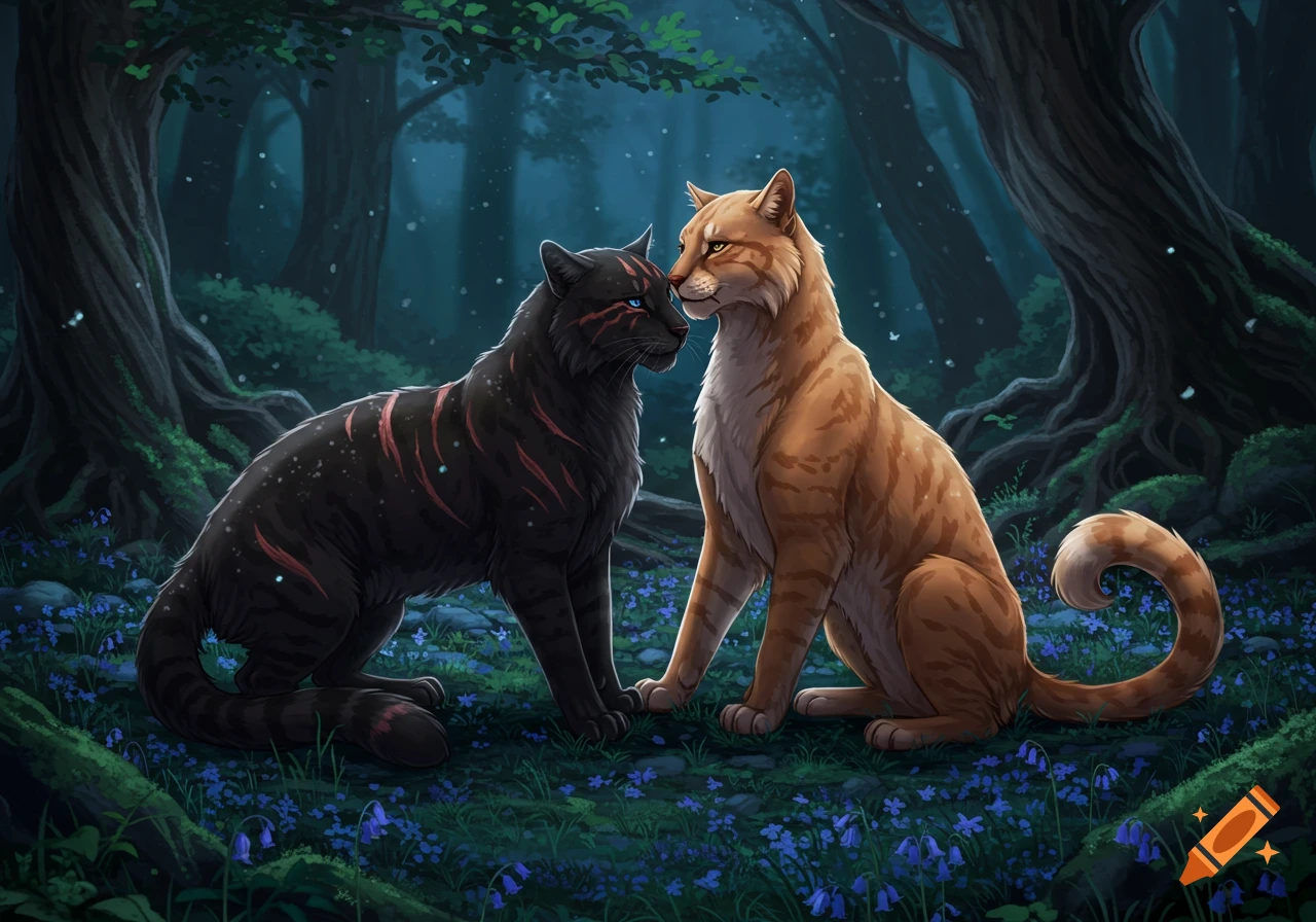 A black cat with red markings and a ginger cat nuzzle each other in a dark forest filled with blue bellflowers, illuminated by moonlight.