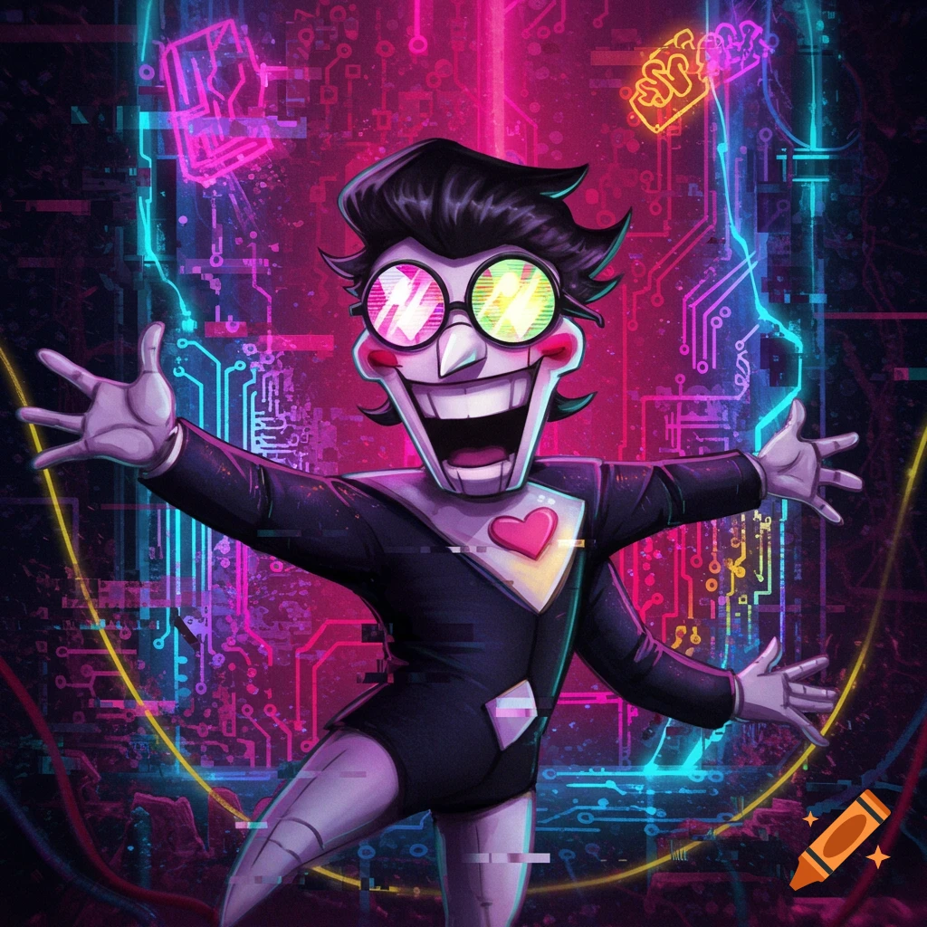 A cartoon character, Spamton from Deltarune, with wide grin, round glasses, and a heart on his suit, stands in a neon cybernetic background.