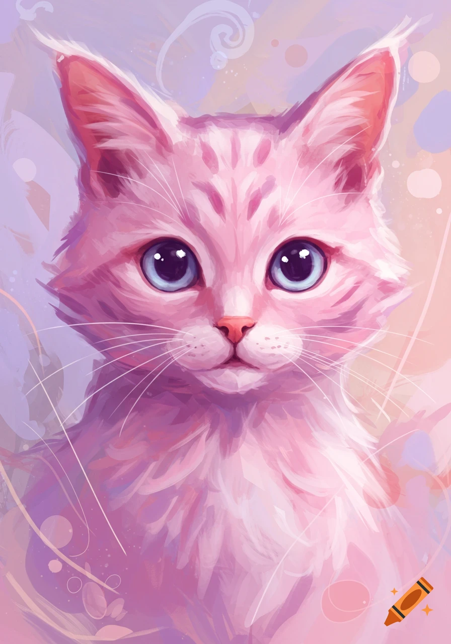 Abstract watercolor portrait of a pink cat with big blue eyes and striped fur.