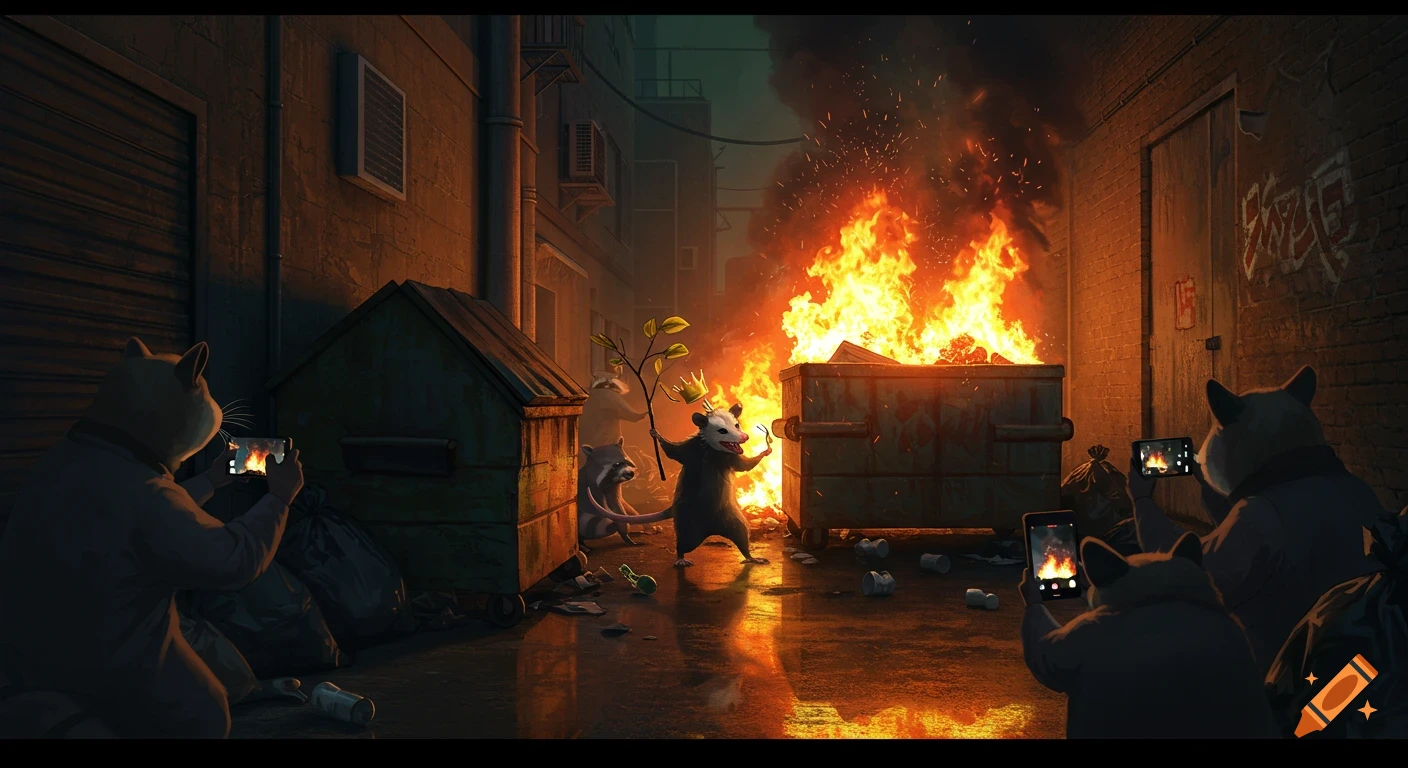 Opossum in a crown holding a leafy branch leads raccoons and cats taking phone photos around a burning dumpster in a dark retro anime alley.